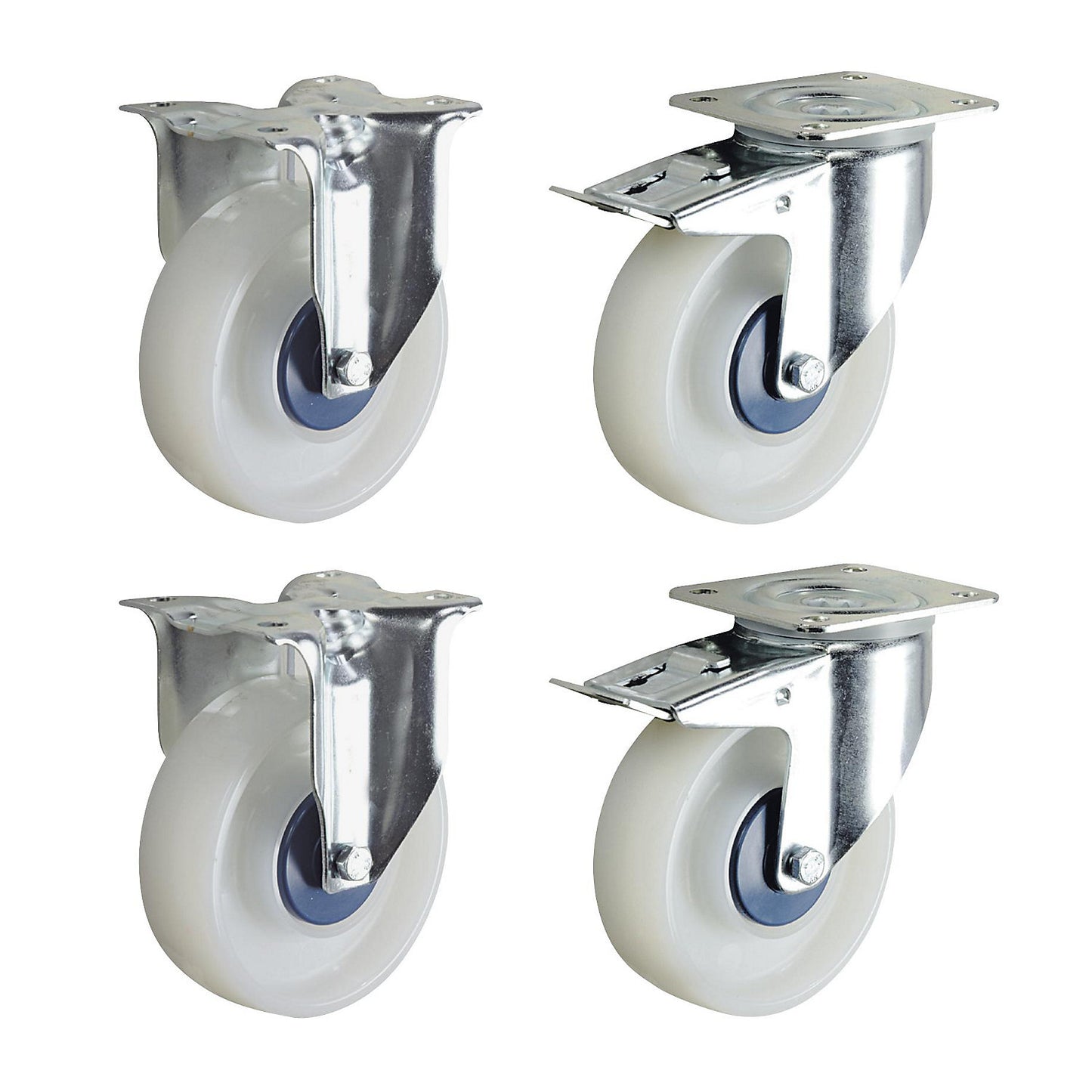 Nylon wheel set, white, 2 swivel castors with double stops, 2 fixed castors, wheel Ø x width 125 x 40 mm.