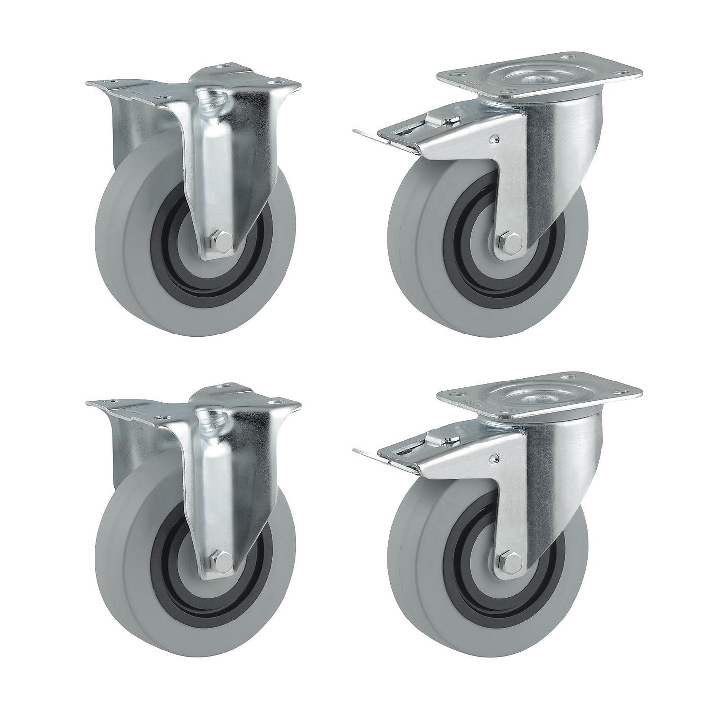 Nylon wheel set, grey, 2 swivel castors with double stops, 2 fixed castors, wheel Ø x width 125 x 36 mm.