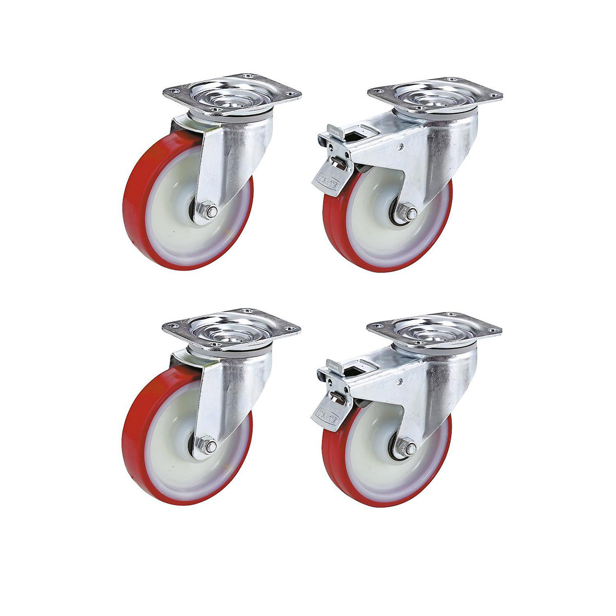 Set of polyurethane tyres on nylon rims, 2 swivel castors, 2 swivel castors with double stops, wheel Ø x width 100 x 32 mm.