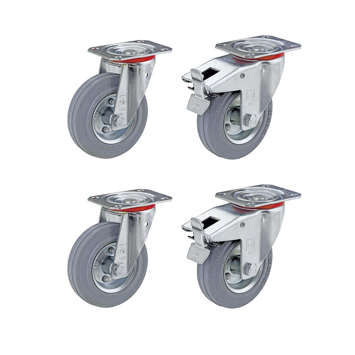 Solid rubber tyre, set offer, 2 swivel castors and 2 swivel castors with wheel stops, wheel Ø x width 80 x 25 mm.
