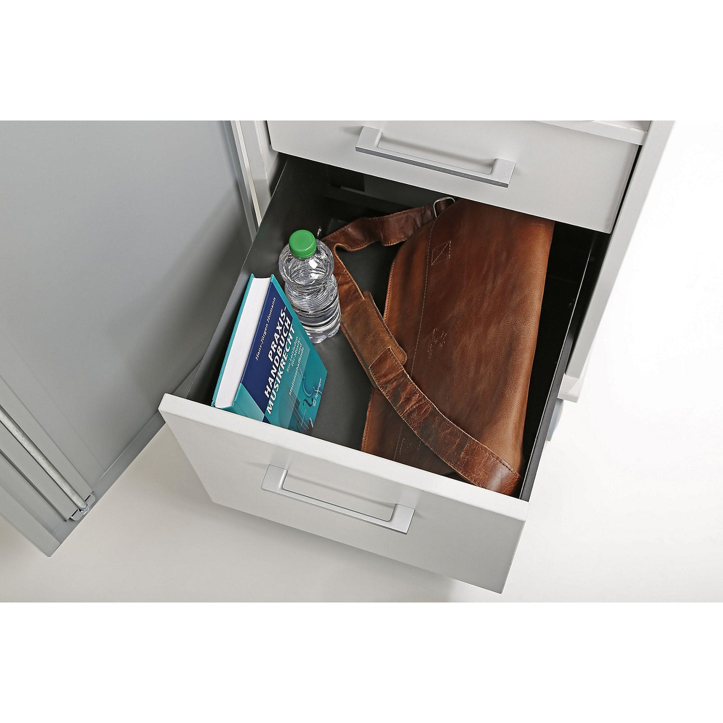 Office and media caddy, with 2 compartments, 2 drawers, 1 extendable countertop, light grey.