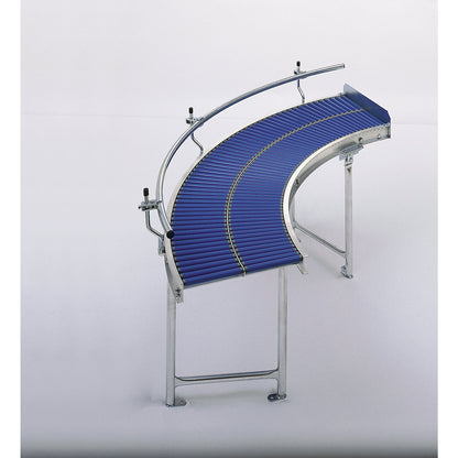 Small roller conveyor, aluminium frame with plastic rollers, track width 400 mm, 90° curve, inner radius 800 mm, split rollers.