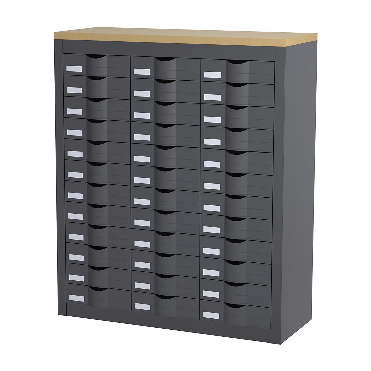 Sorting station, with drawers, 3 rows, 36 drawers, charcoal.