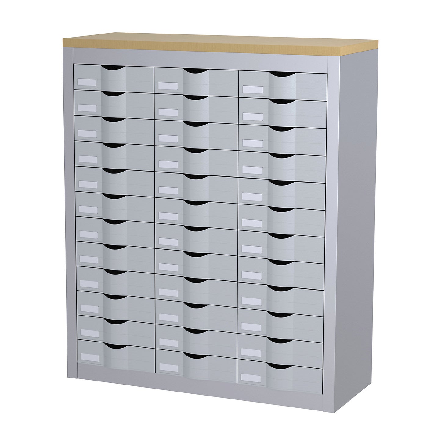 Sorting station, with drawers, 3 rows, 36 drawers, aluminium.