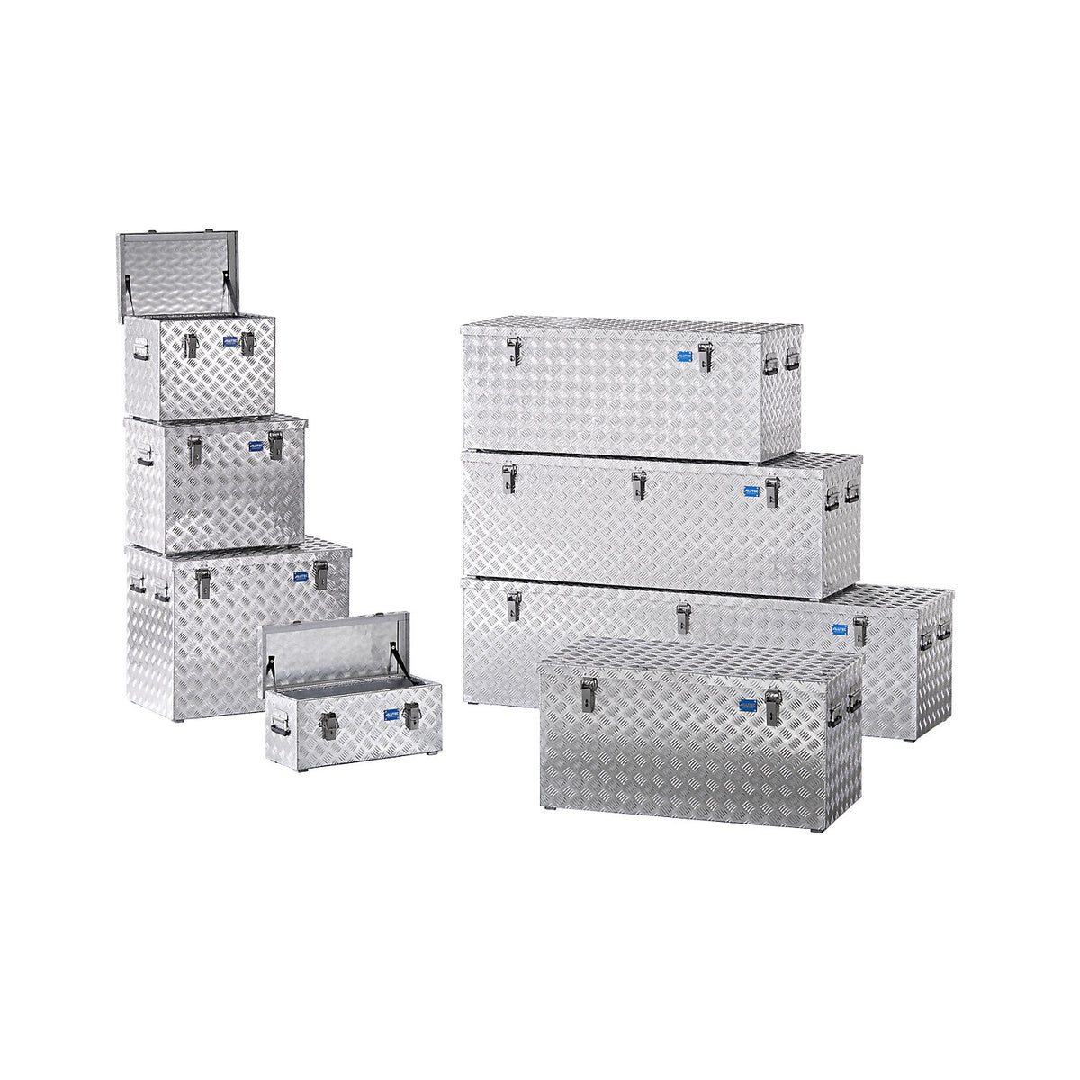 Aluminium chequer plate transport case, with gas pressure spring, capacity 250 l.