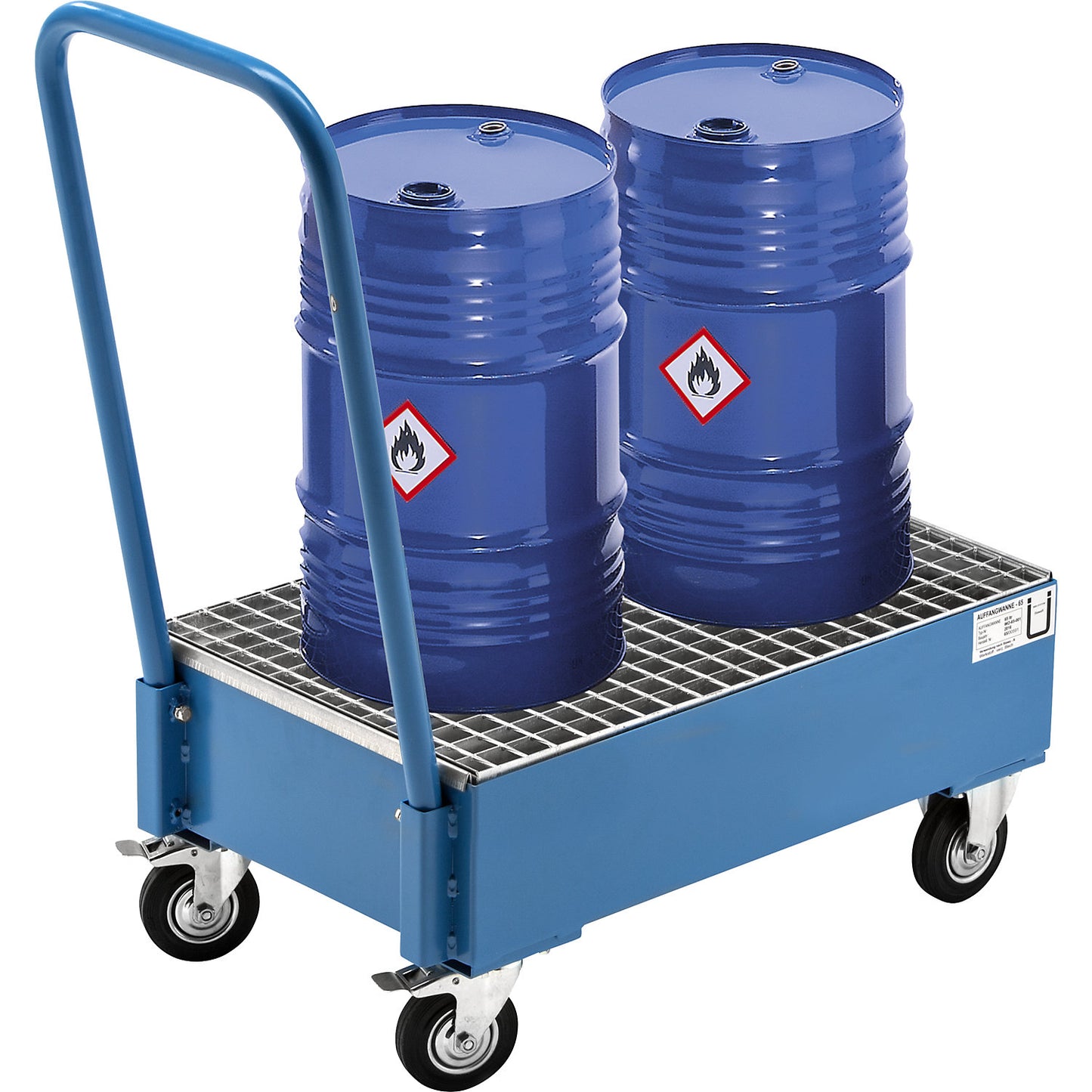 Mobile sump tray made of sheet steel, LxW 800 x 500 mm, 2 x 60 l vertical drums, hot dip galvanised.