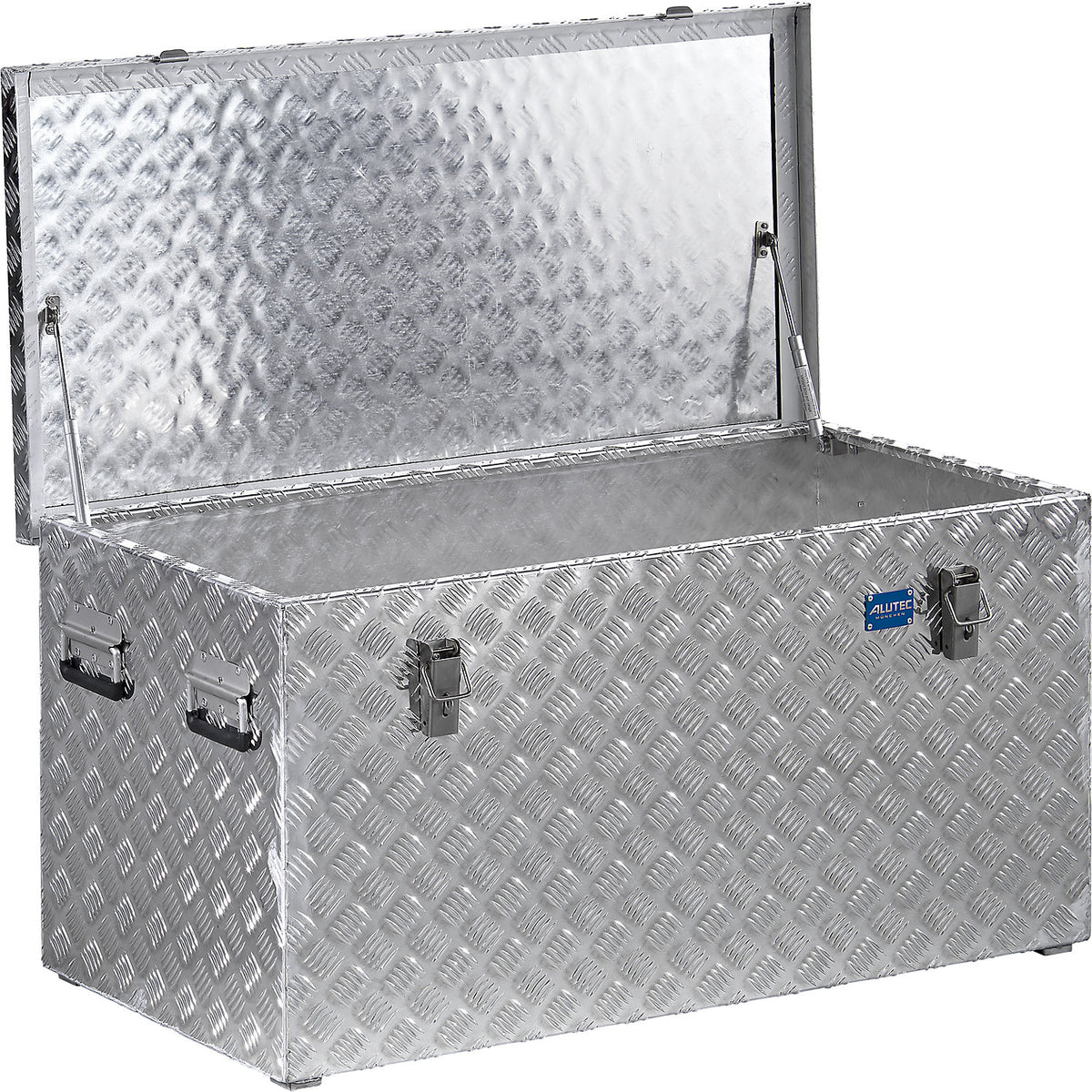 Aluminium chequer plate transport case, with gas pressure spring, capacity 250 l.