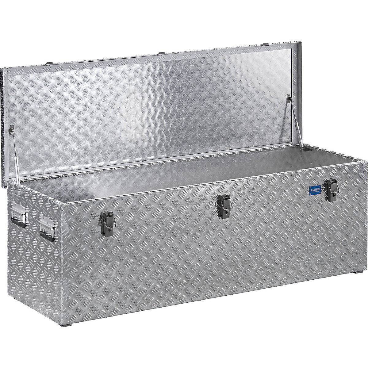 Aluminium chequer plate transport case, with gas pressure spring, capacity 375 l.