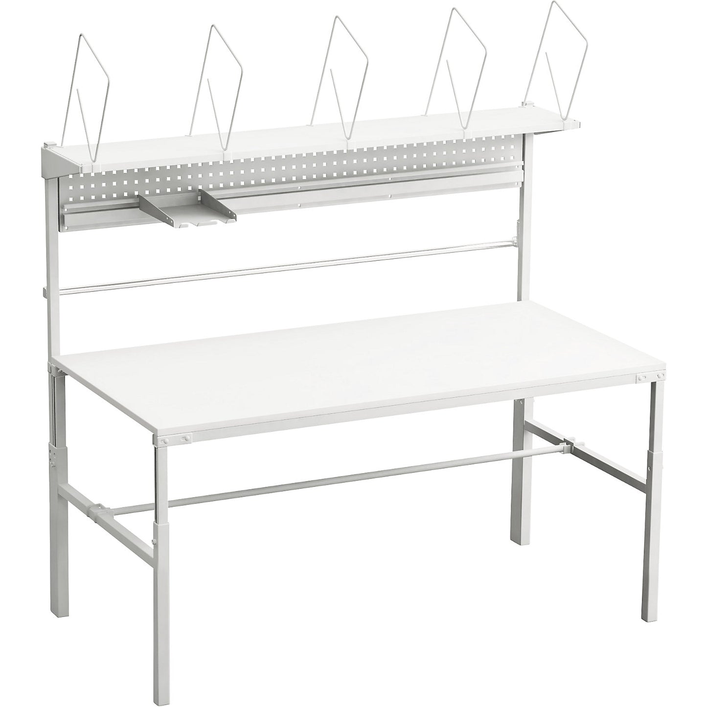 Complete packing table, manually height adjustable, with cardboard packaging shelf, document tray, perforated panel and roll holders, HxWxD 1080 - 1550 x 1800 x 900 mm.