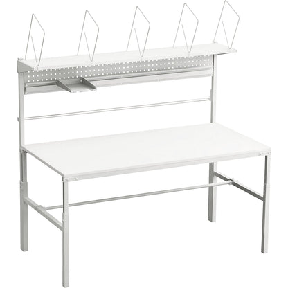 Complete packing table, manually height adjustable, with cardboard packaging shelf, document tray, perforated panel and roll holders, HxWxD 1080 - 1550 x 1800 x 900 mm.