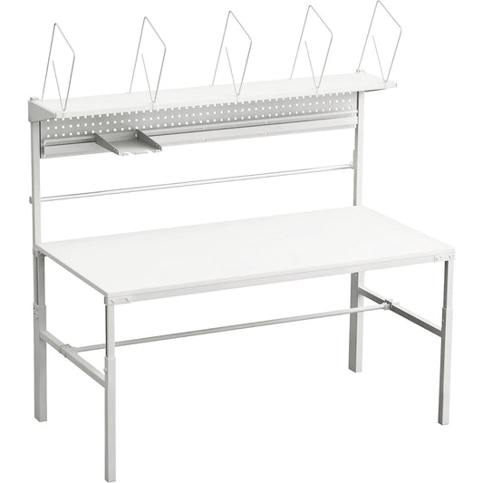 Complete packing table, manually height adjustable, with cardboard packaging shelf, document tray, perforated panel and roll holders, HxWxD 1080 - 1550 x 1800 x 900 mm.