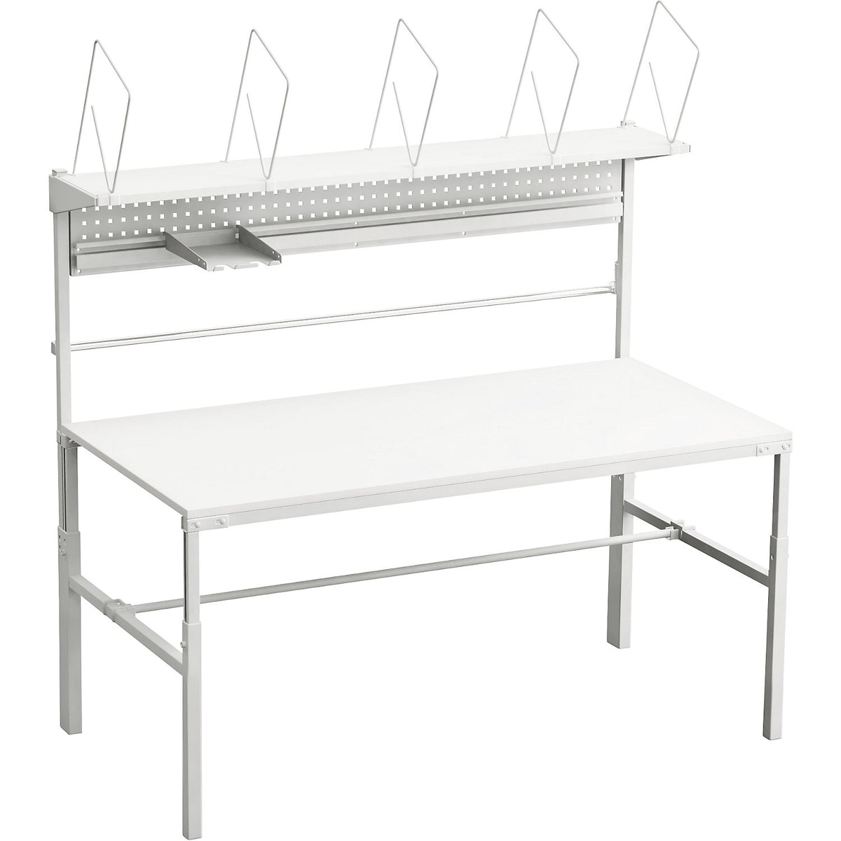 Complete packing table, manually height adjustable, with cardboard packaging shelf, document tray, perforated panel and roll holders, HxWxD 1080 - 1550 x 1800 x 900 mm.
