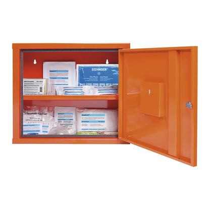 First aid cupboard, DIN 13157, with contents, HxW 420 x 490 mm, signal orange, depth 200 mm.