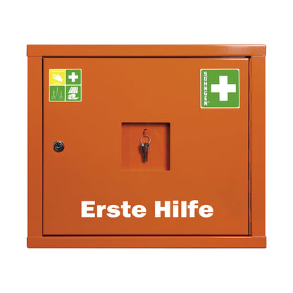 First aid cupboard, DIN 13157, with contents, HxW 420 x 490 mm, signal orange, depth 200 mm.