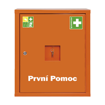 First aid cupboard, DIN 13169, single door, signal orange, HxWxD 560 x 490 x 200 mm, without contents.