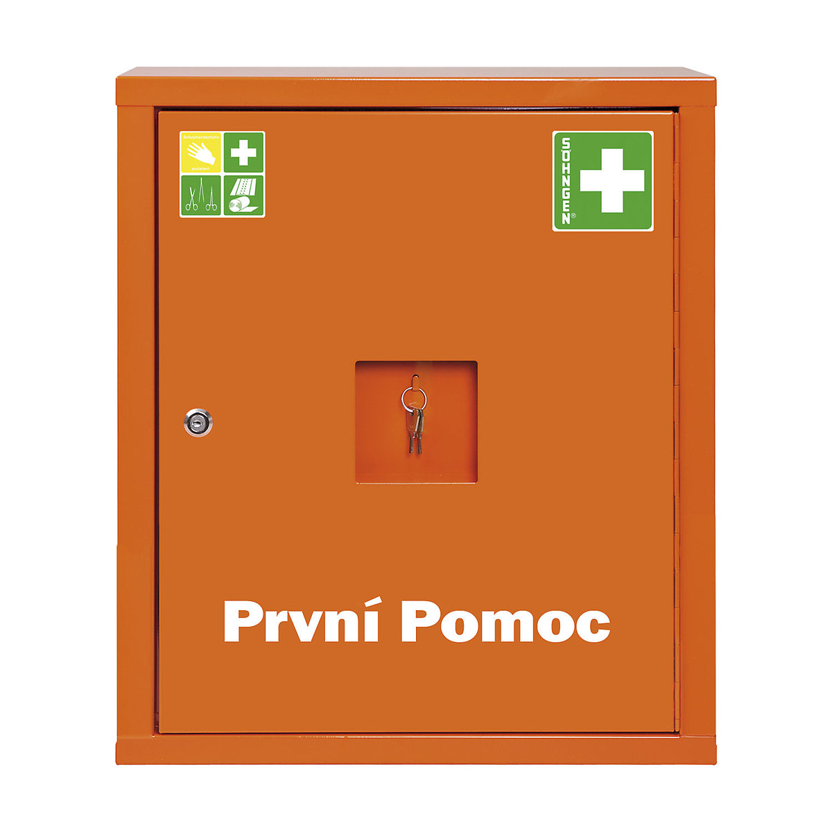 First aid cupboard, DIN 13169, single door, signal orange, HxWxD 560 x 490 x 200 mm, with contents.