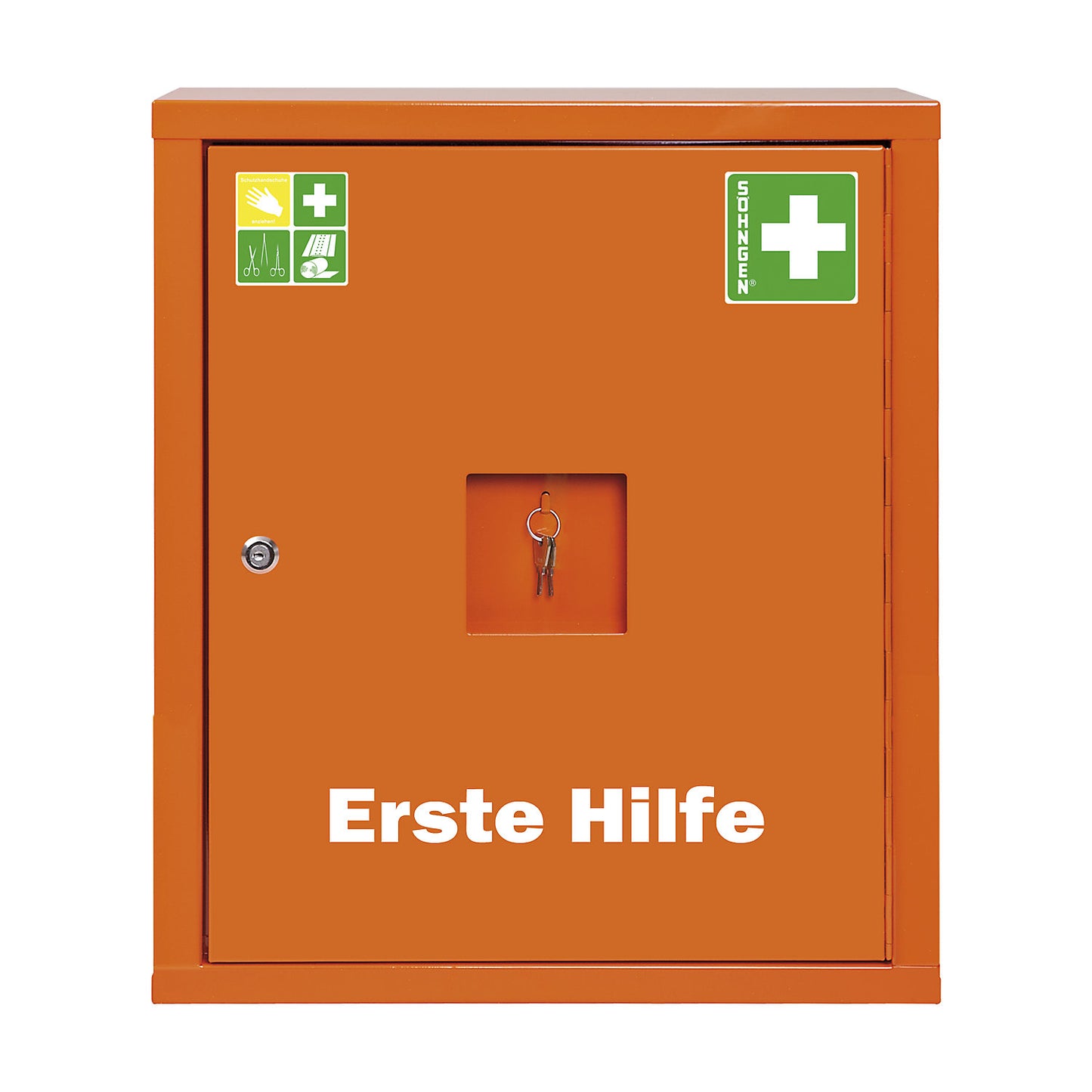 First aid cupboard, DIN 13169, single door, signal orange, HxWxD 560 x 490 x 200 mm, without contents.