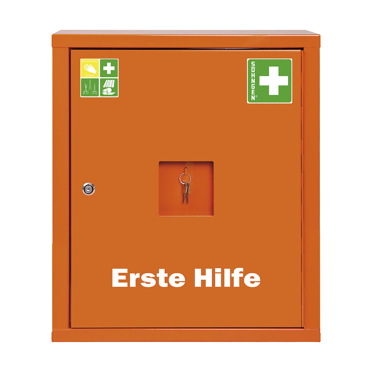 First aid cupboard, DIN 13169, single door, signal orange, HxWxD 560 x 490 x 200 mm, with contents.