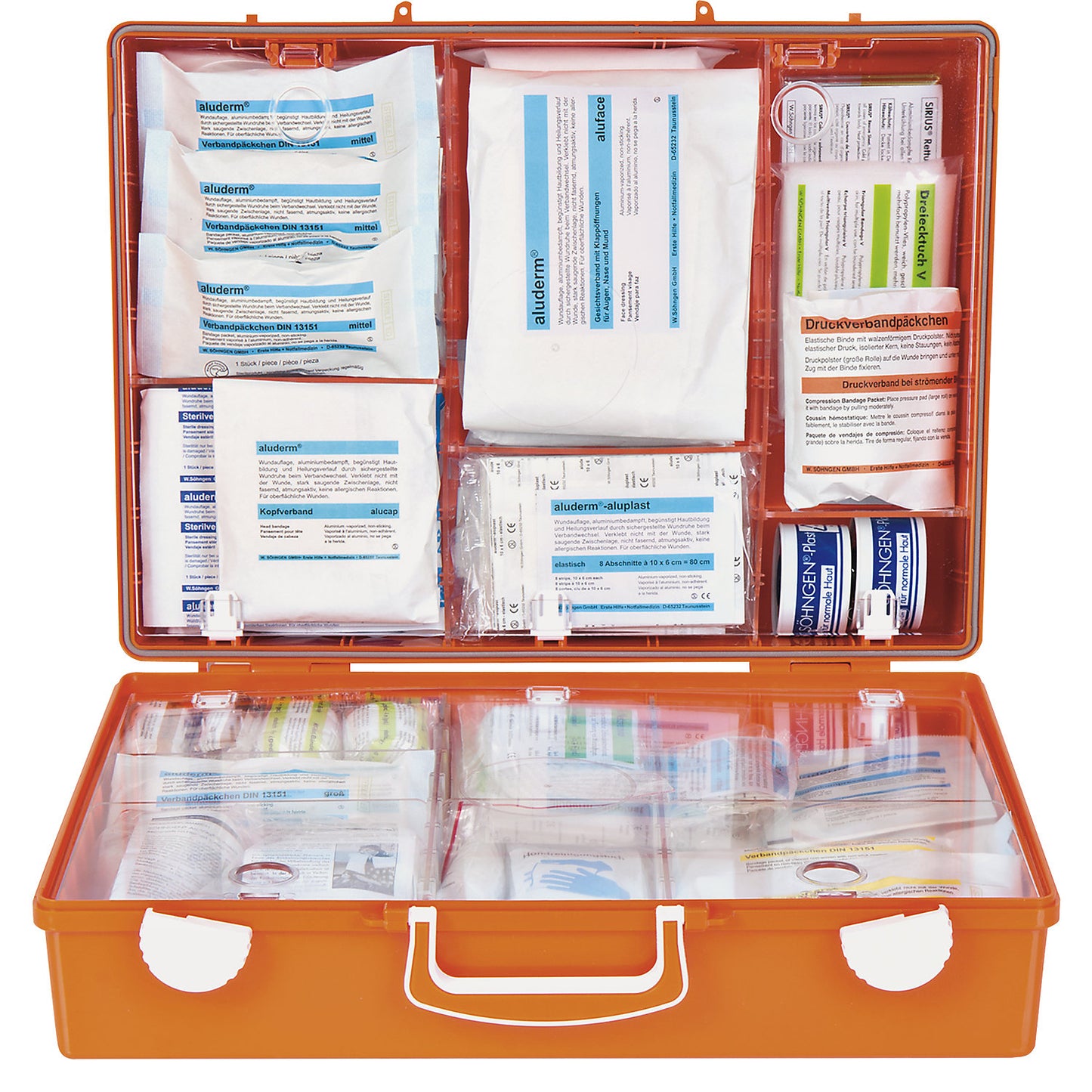First aid case, DIN 13169 compliant, signal orange, HxWxD 300 x 400 x 150 mm, with contents.
