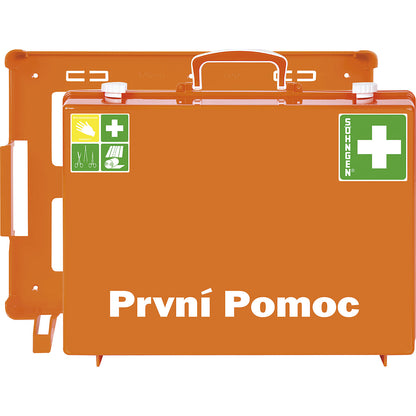 First aid case, DIN 13169 compliant, signal orange, HxWxD 300 x 400 x 150 mm, without contents.
