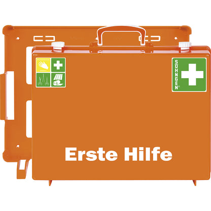 First aid case, DIN 13169 compliant, signal orange, HxWxD 300 x 400 x 150 mm, with contents.