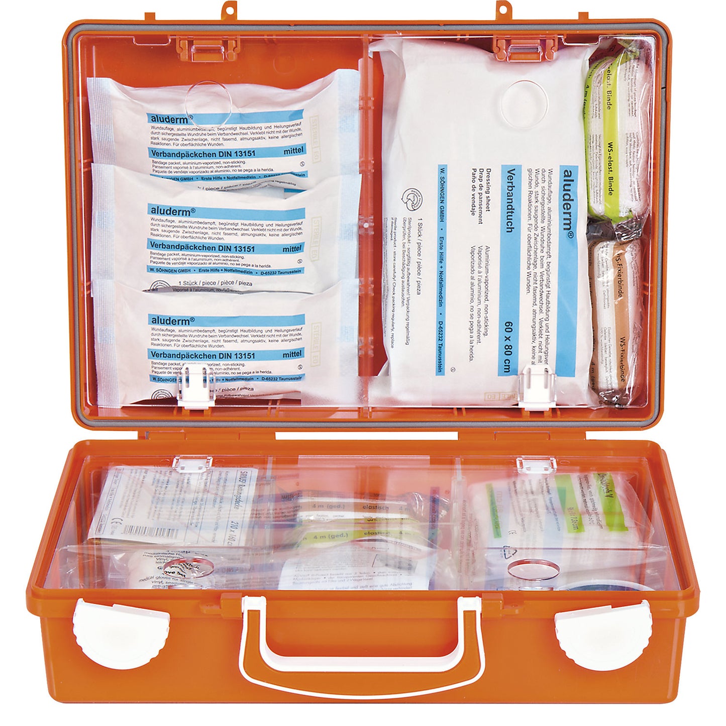First aid case, DIN 13157 compliant, HxWxD 210 x 310 x 130 mm, with contents.