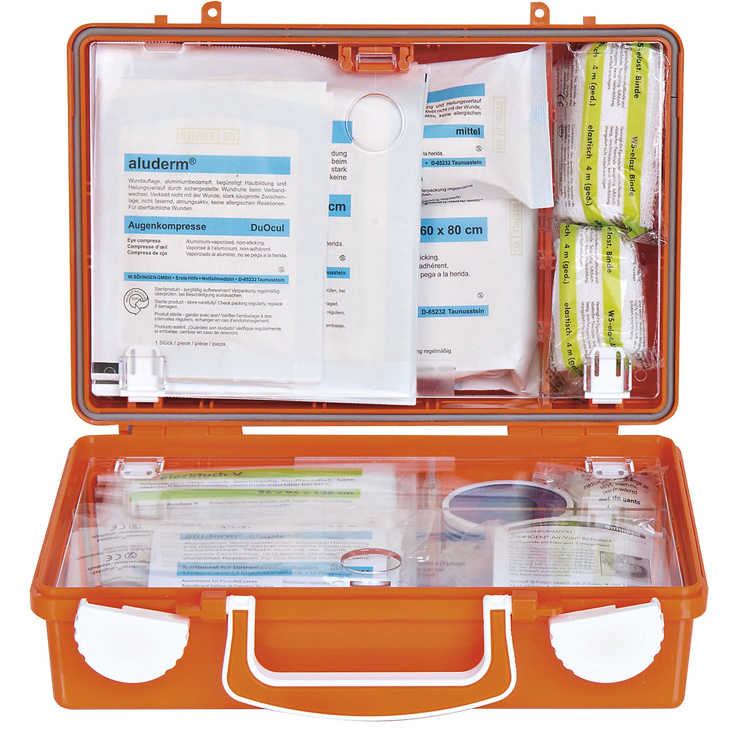 First aid case, DIN 13157 compliant, HxWxD 170 x 260 x 110 mm, with contents.