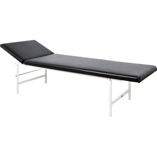 First-aid room couch, adjustable head piece, black fabric covering.