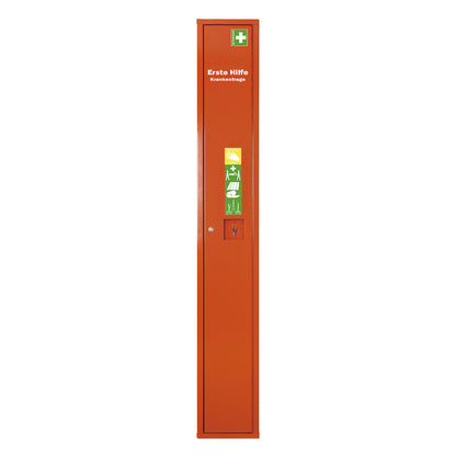 First aid cupboard, DIN 13157, with contents, HxW 2000 x 300 mm, signal orange, depth 200 mm.
