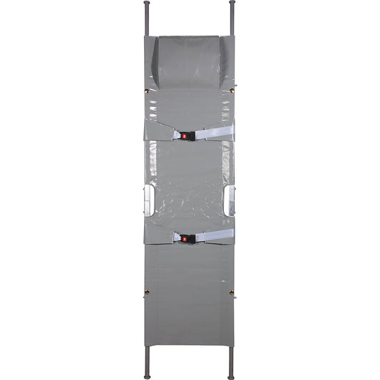 Stretcher, folding (folds twice), folded dims. 1040 x 130 x 180 mm, 2 safety straps, 4 gliding feet.