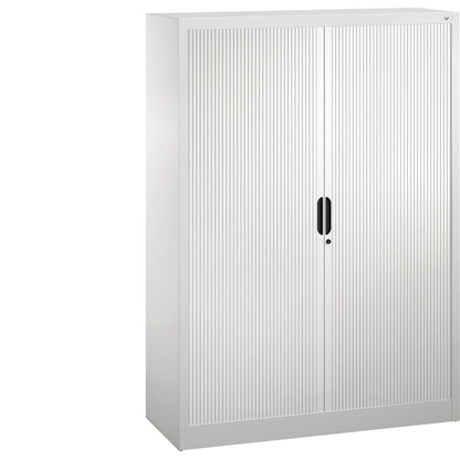 Roller shutter cupboard with horizontal shutter, HxWxD 1660 x 1200 x 420 mm, 3 shelves, 4 file heights, traffic white.