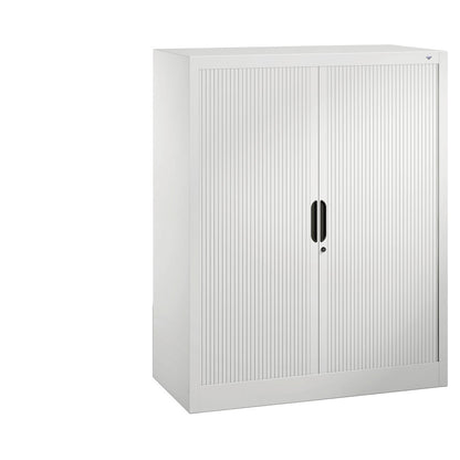 Roller shutter cupboard with horizontal shutter, HxWxD 1230 x 1000 x 420 mm, 2 shelves, 3 file heights, traffic white.