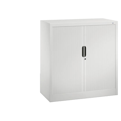 Roller shutter cupboard with horizontal shutter, HxWxD 1030 x 1000 x 420 mm, 2 shelves, 2.5 file heights, traffic white.