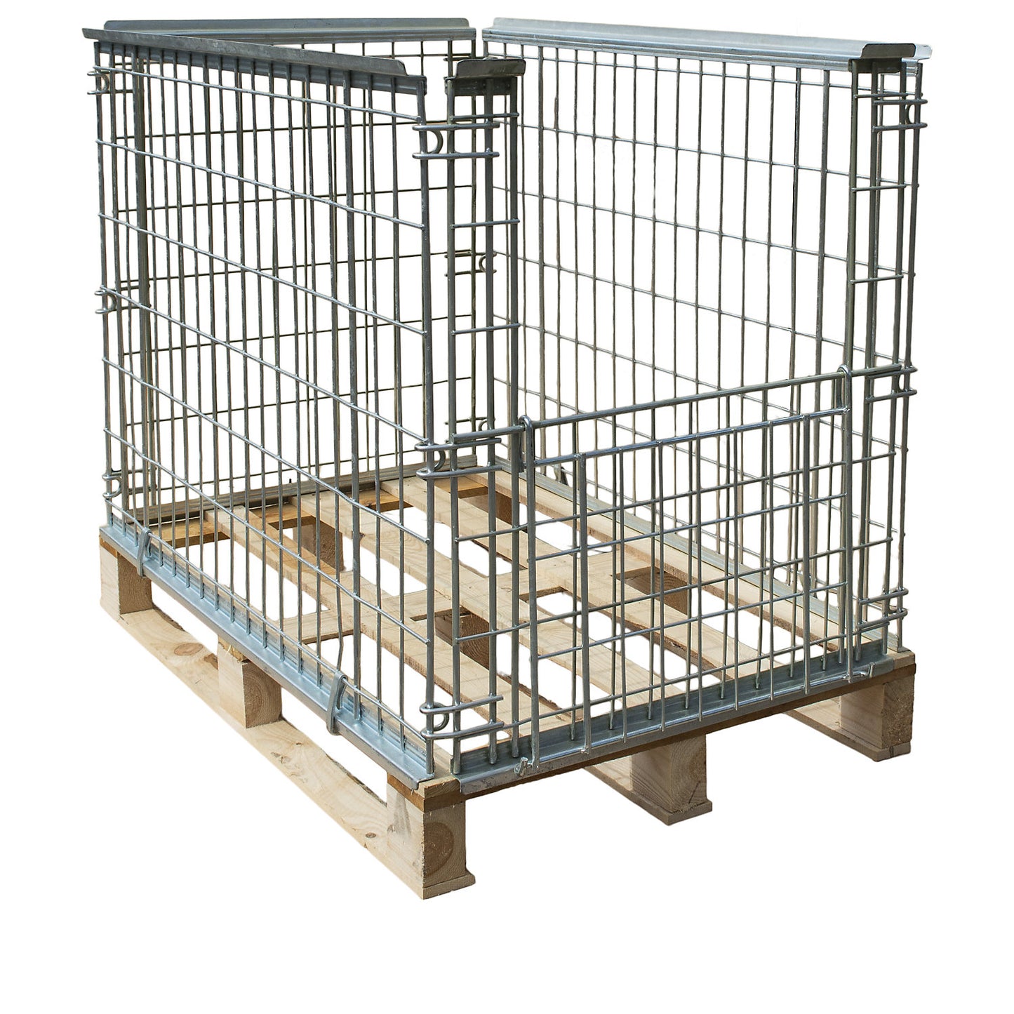 Mesh pallet collar, for stacking, front panel with flap, for pallets 1200 x 800, H 850 mm, zinc-plated.