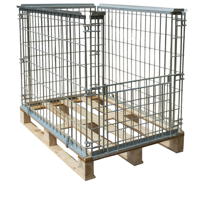 Mesh pallet collar, for stacking, front panel with flap, for pallets 1200 x 800, H 850 mm, zinc-plated.