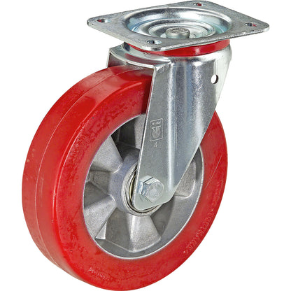 Polyurethane tyre on aluminium rim, wheel Ø x width 160 x 48 mm, swivel castor, max. load 300 kg.