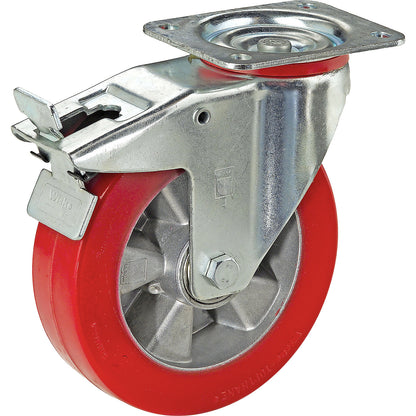 Polyurethane tyre on aluminium rim, wheel Ø x width 100 x 40 mm, swivel castor with double stop, max. load 250 kg.