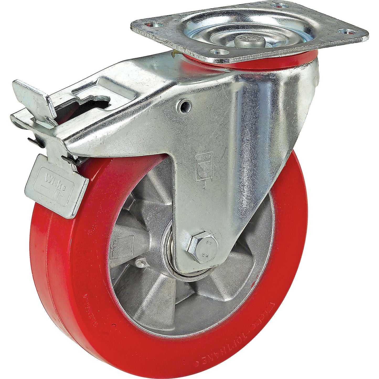 Polyurethane tyre on aluminium rim, wheel Ø x width 125 x 40 mm, swivel castor with double stop, max. load 280 kg.