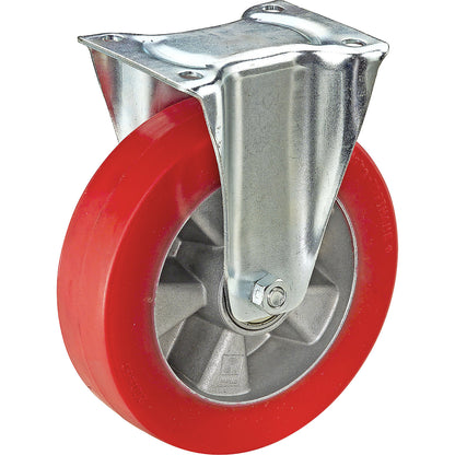 Polyurethane tyre on aluminium rim, wheel Ø x width 160 x 48 mm, fixed castor, max. load 300 kg.