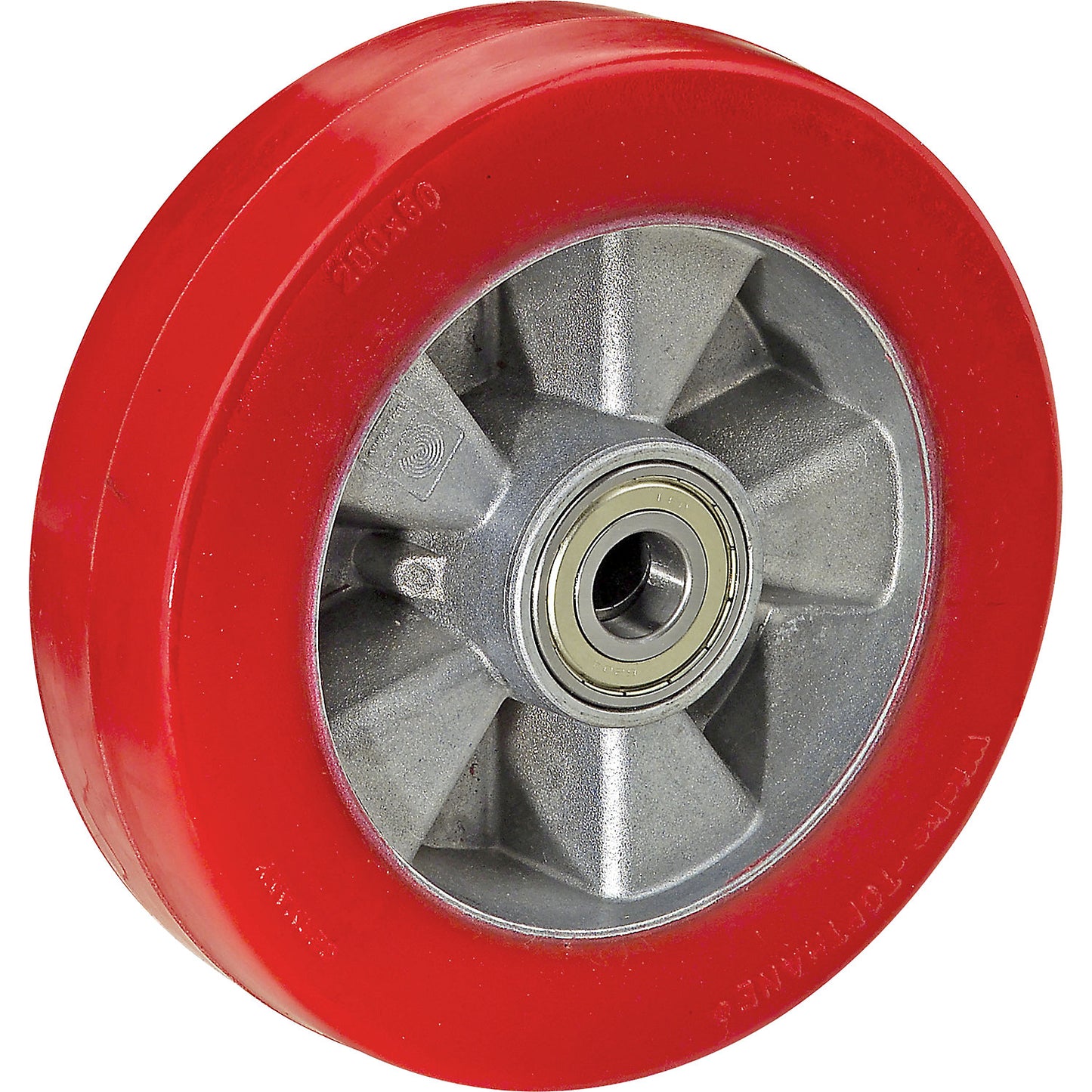 Polyurethane tyre, red, on aluminium rim, ball bearings, wheel Ø x width 160 x 50 mm.