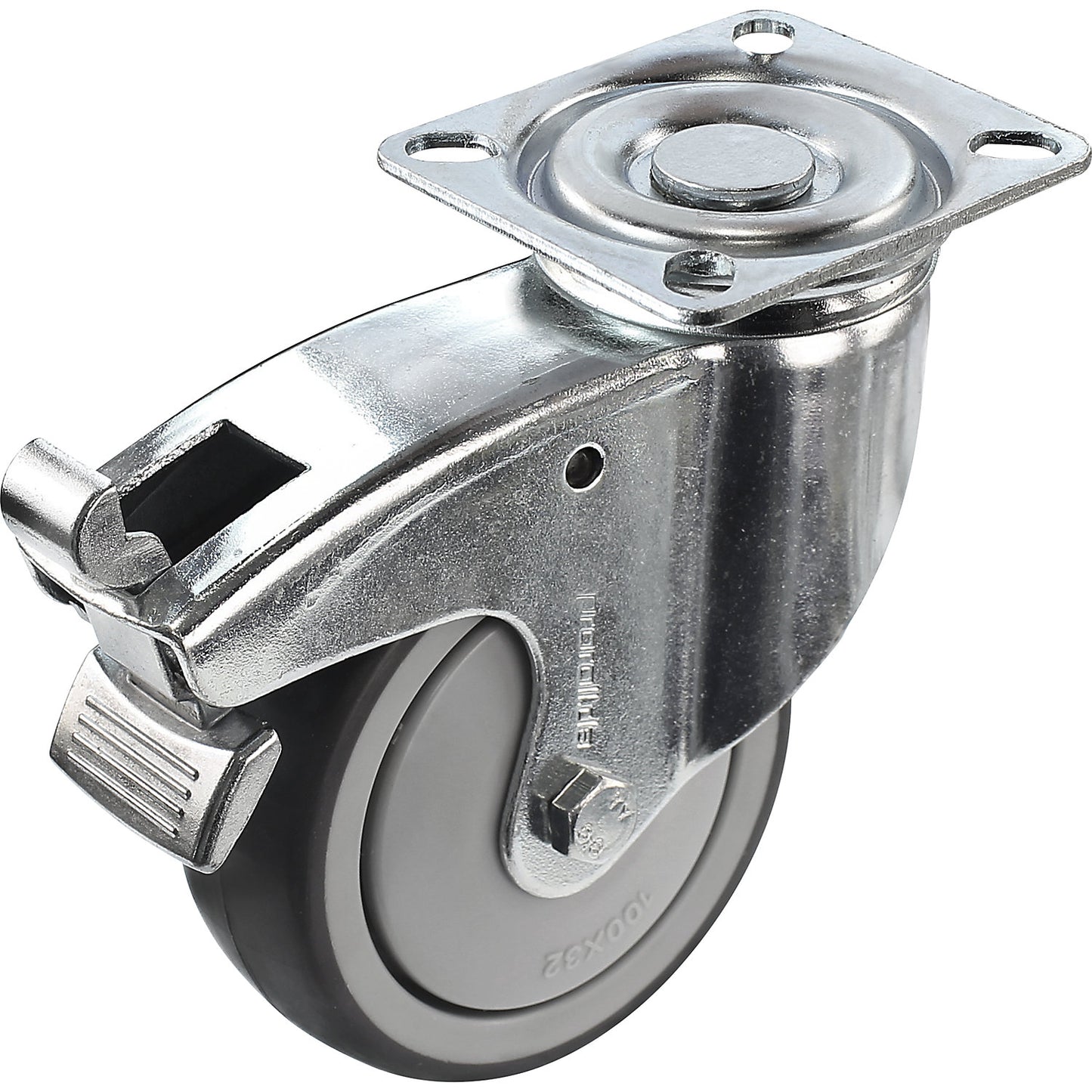 Rubber tyre, thermoplastic, with mounting plate, wheel Ø x width 100 x 32 mm, swivel castor with double stop.