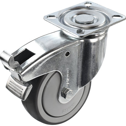 Rubber tyre, thermoplastic, with mounting plate, wheel Ø x width 100 x 32 mm, swivel castor with double stop.