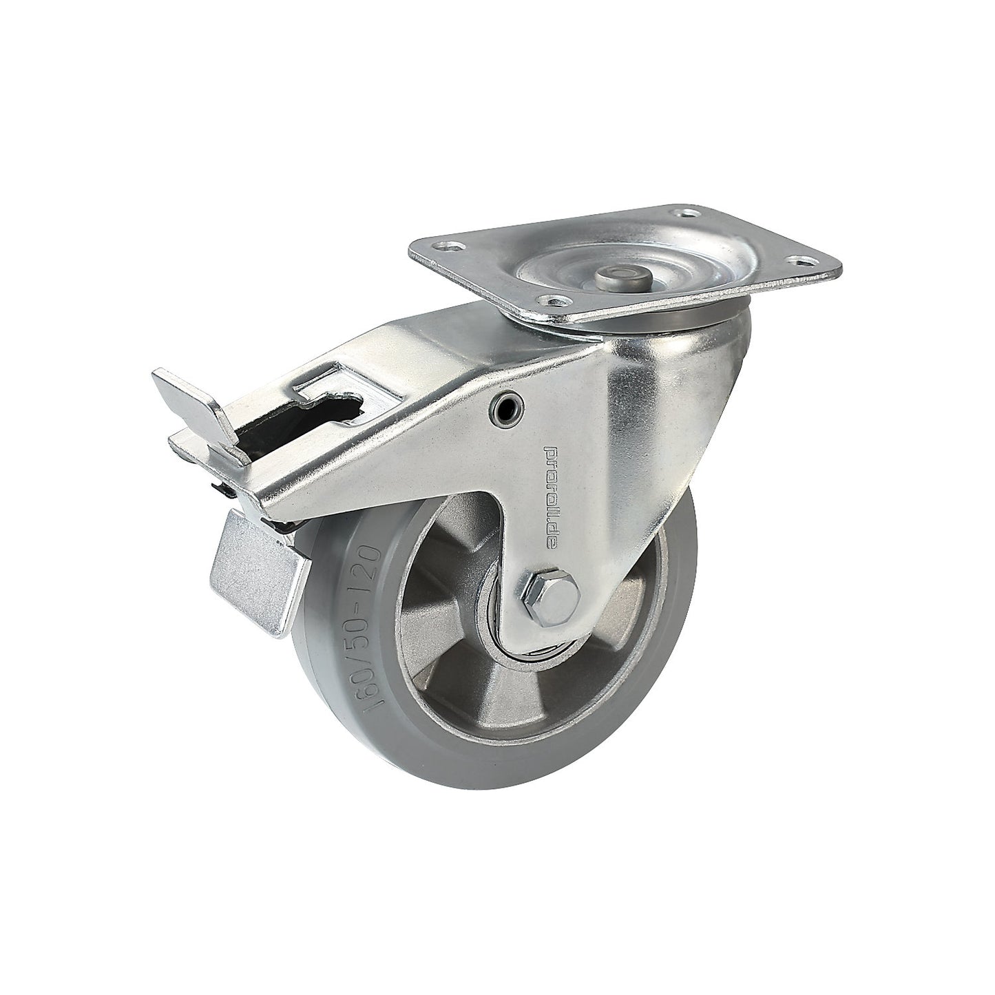 Elastic solid rubber tyre, grey, wheel Ø x width 160 x 50 mm, swivel castor with double stop.