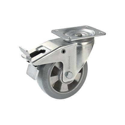 Elastic solid rubber tyre, grey, wheel Ø x width 200 x 50 mm, swivel castor with double stop.