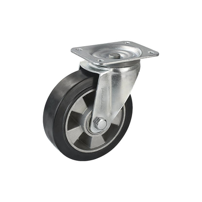 Elastic solid rubber tyre, black, wheel Ø x width 200 x 50 mm, swivel castor.