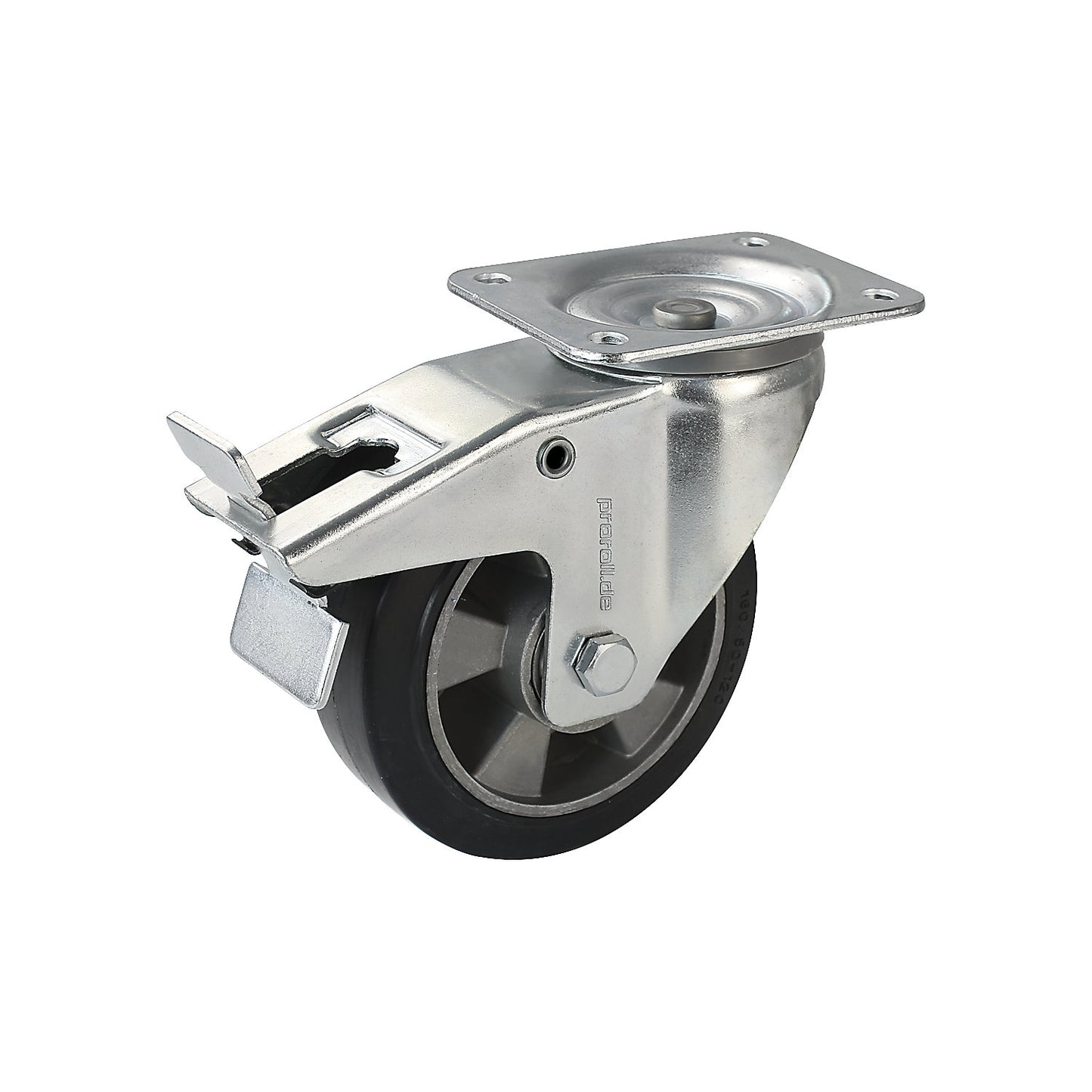 Elastic solid rubber tyre, black, wheel Ø x width 200 x 50 mm, swivel castor with double stop.
