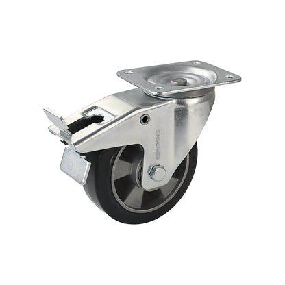 Elastic solid rubber tyre, black, wheel Ø x width 200 x 50 mm, swivel castor with double stop.