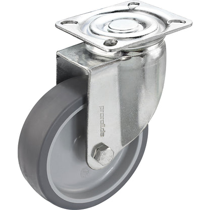 Set of thermoplastic rubber tyres, with mounting plate, 2 swivel castors and 2 swivel castors with double stops, wheel Ø x width 100 x 32 mm.