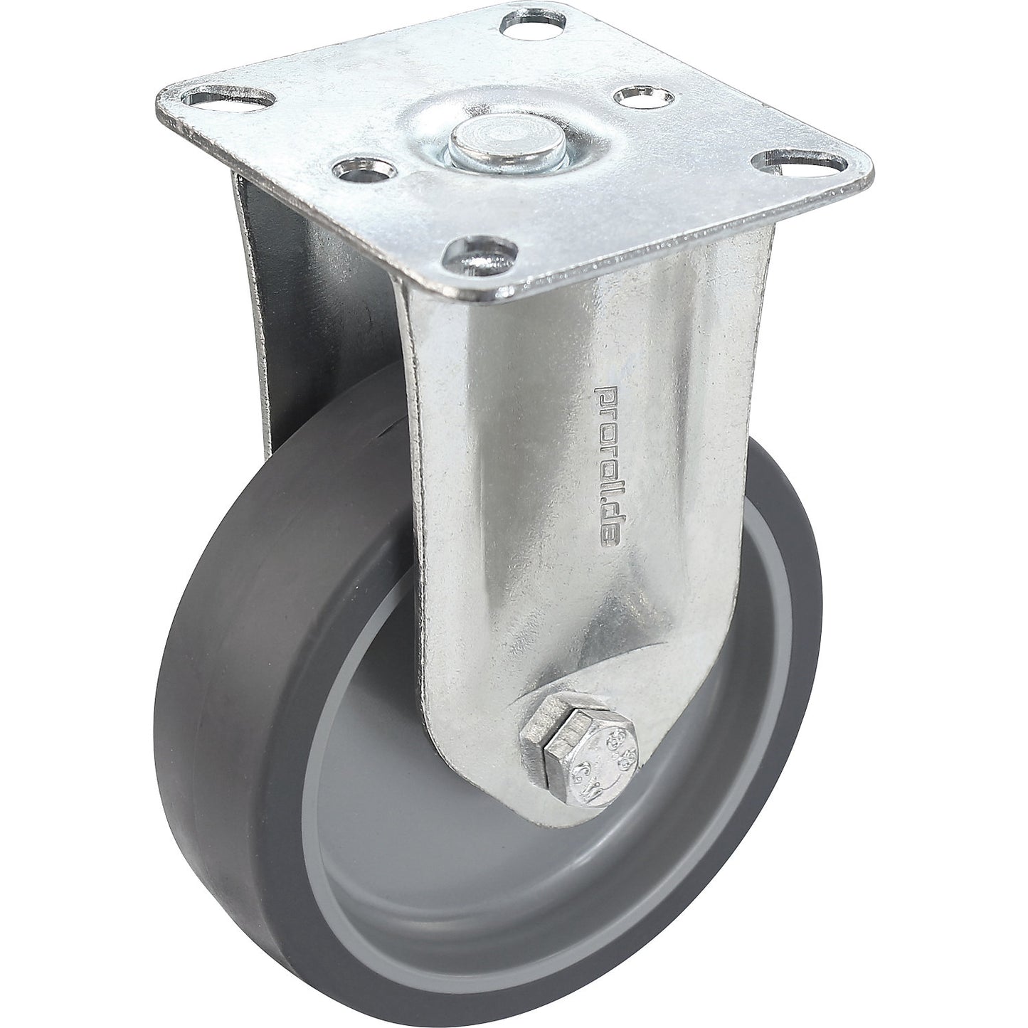 Set of thermoplastic rubber tyres, with mounting plate, 2 swivel castors with double stops and 2 fixed castors, wheel Ø x width 125 x 32 mm.