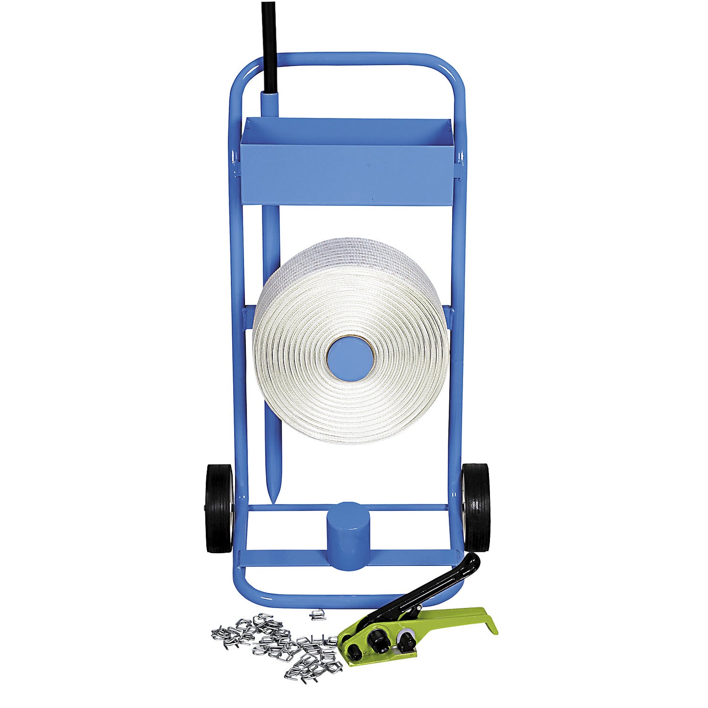 Strapping set, bonded reinforced PET strapping, tensioning tool, mobile strap dispenser, strap, metal buckles, strap width 16 mm.